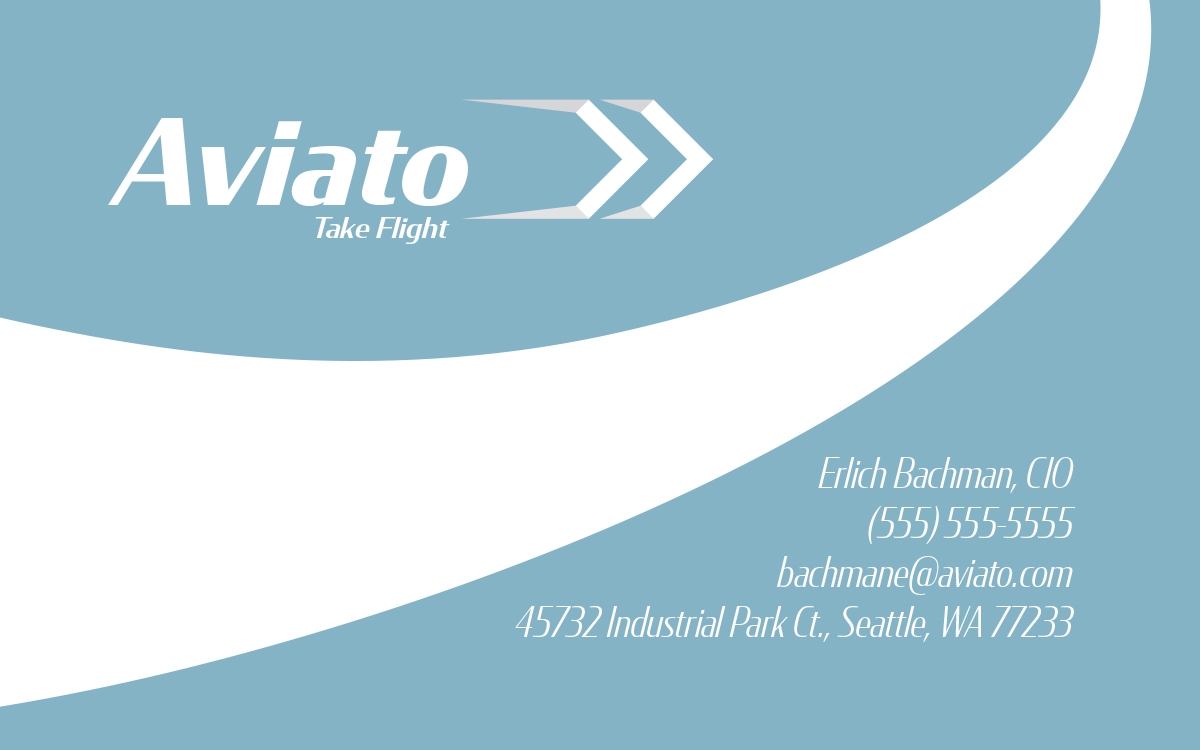 Student work from AR 328. A business card design for Aviato Take Flight.