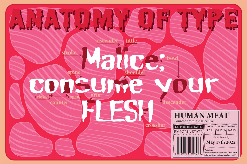 Student work from AR 340. Shows a pster design showing the anatomy of type and is designed to look like a raw meat package.