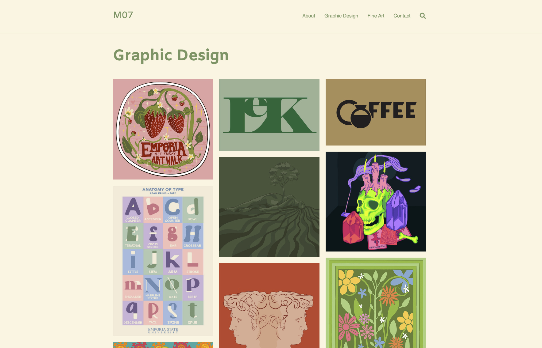 Student work from AR 341. A portfolio page of graphic design work. It has a neutral color palate and shows off colorful designs/