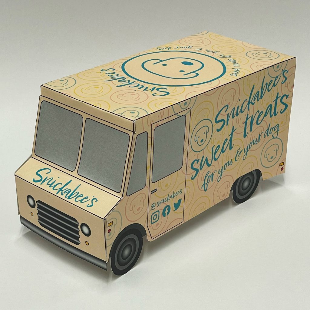 Student work from AR 441. 3D food truck design of Snickers Sweet Treats for your dog.