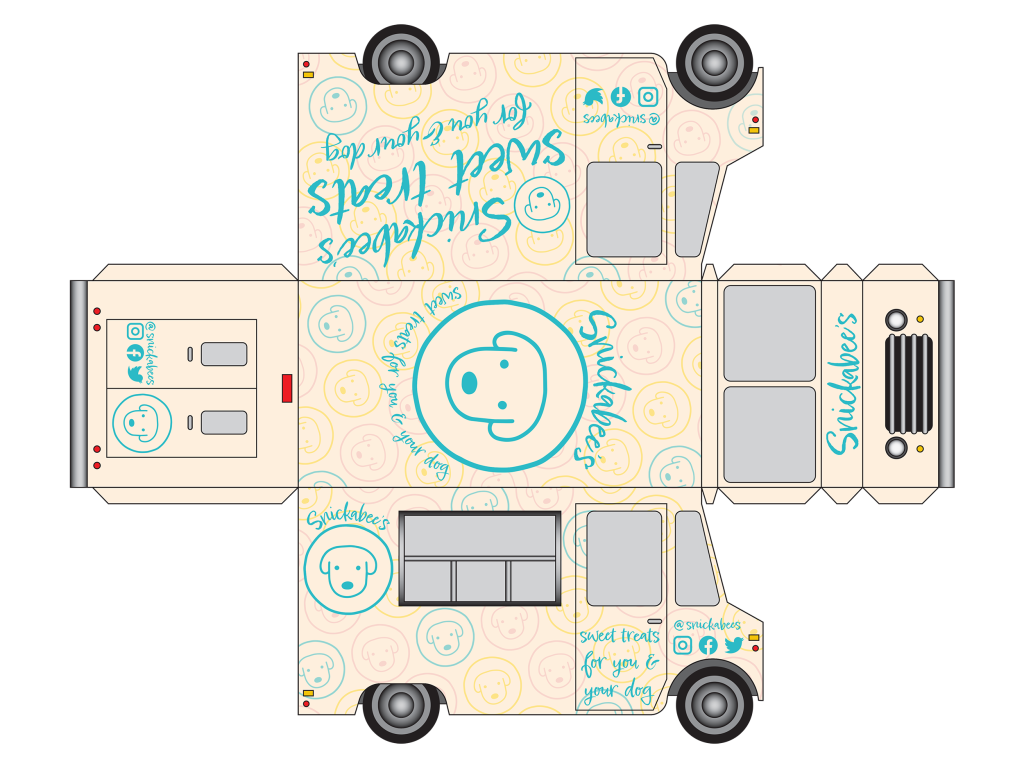 Student work example from AR 441. A wrap for a food truck design called Snickers Sweet Treats for your dog.