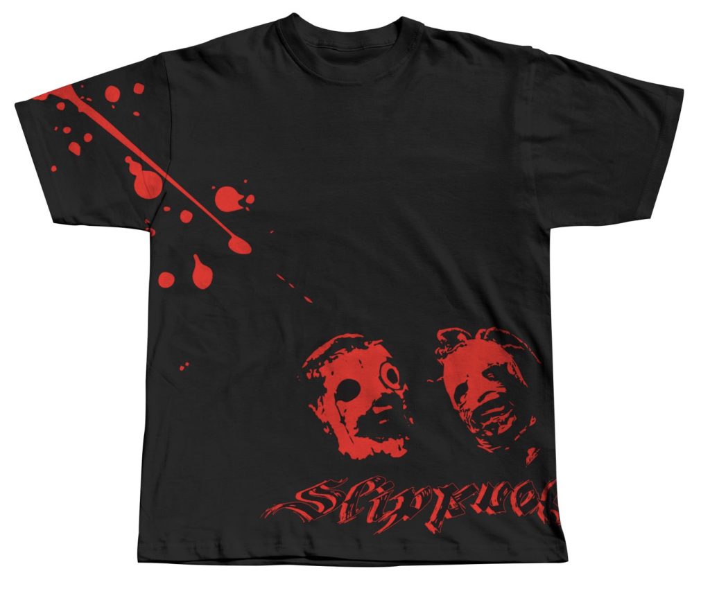 Student work example from AR 540. Black T-shirt with red face designs on it.