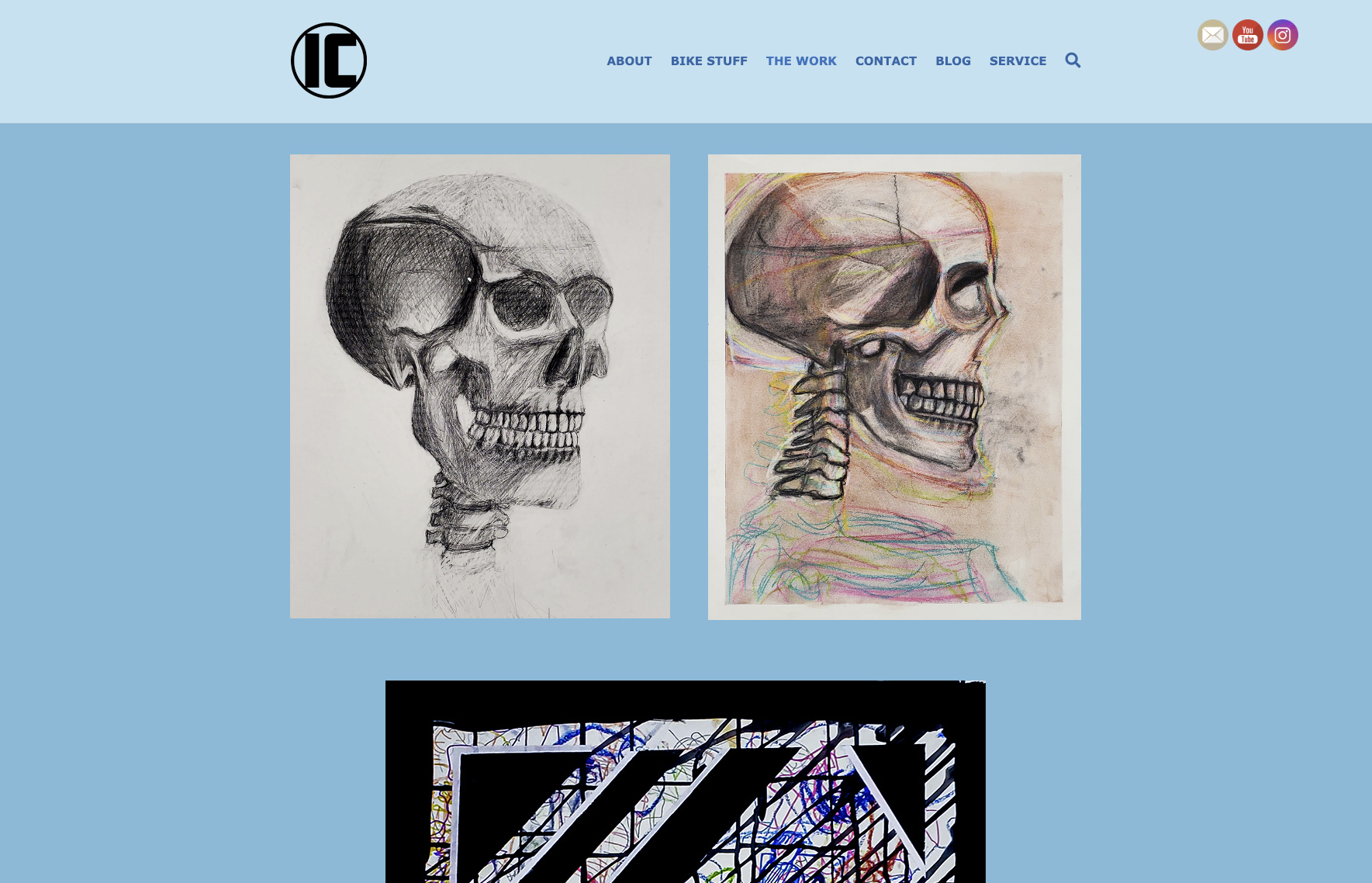 Student work from AR 341. A website design for a portfolio page. It is blue themed and has skull drawings portrayed at the top.