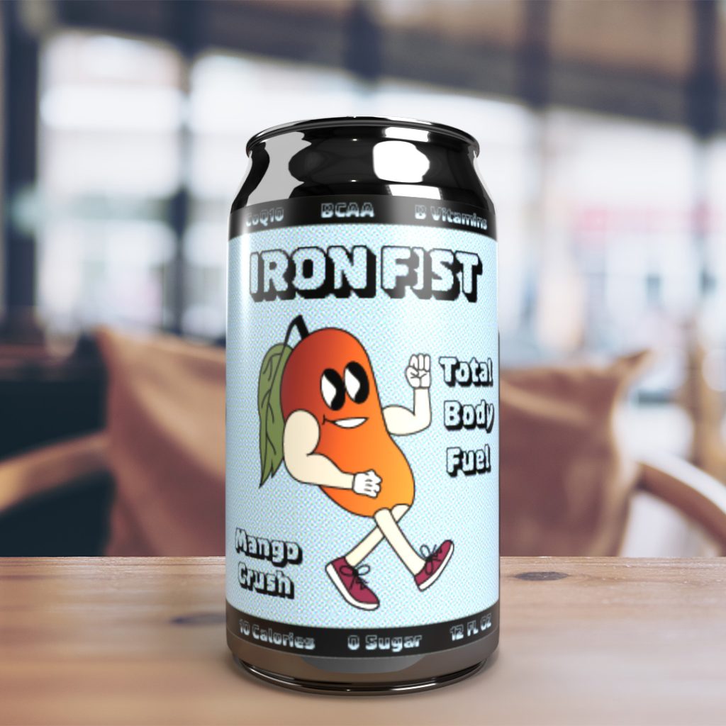 Student work from AR 440. A 3D can design of a Mango Crush drink called Iron Fist.